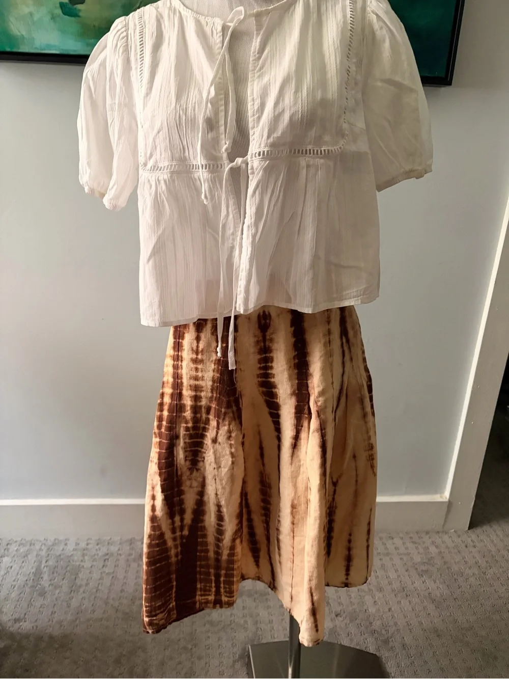 Michael Kors Linen Brown and Cream Tie-Dye A-Line Midi Skirt